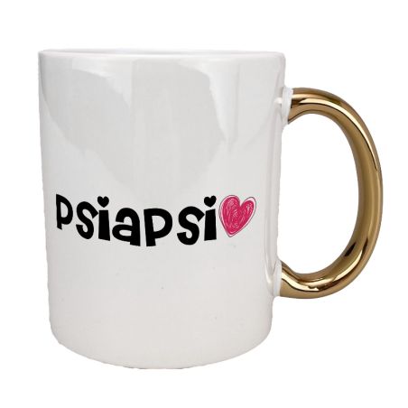 Kubek 330 ml biały ze złotym uszkiem oraz z grafiką "PSIAPSI".