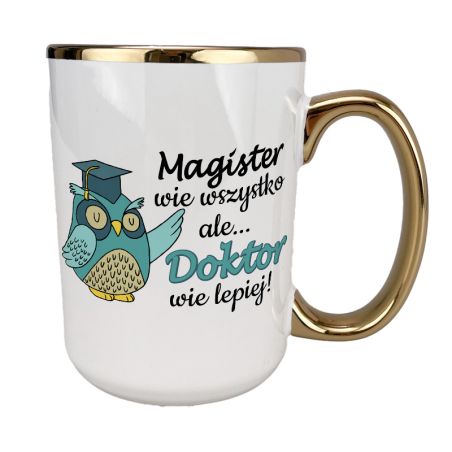 Kubek 450 ml biały ze złotym uszkiem, rantem oraz z grafiką 