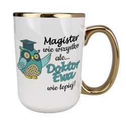 Kubek 450 ml biały ze złotym uszkiem, rantem oraz z grafiką 