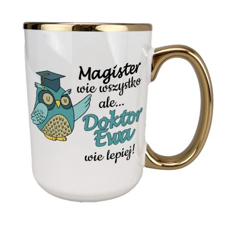 Kubek 450 ml biały ze złotym uszkiem, rantem oraz z grafiką 