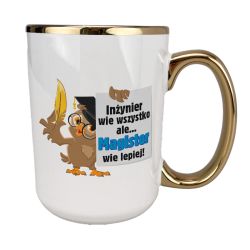 Kubek 450 ml biały ze złotym uszkiem, rantem oraz z grafiką  2