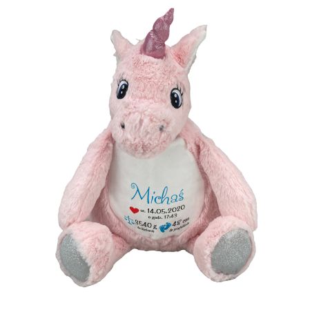 Różowy jednorożec z wyciąganym brzuszkiem oraz z nadrukiem "Metryczka"- personalizacja.