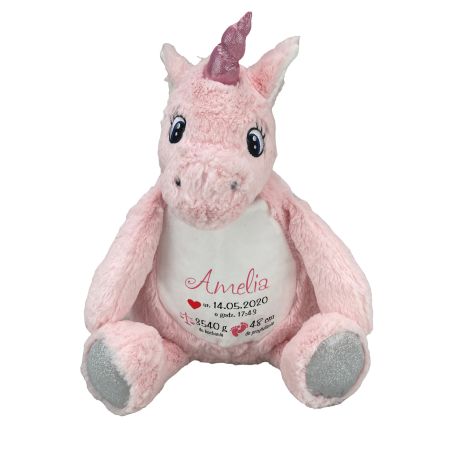 Różowy jednorożec z wyciąganym brzuszkiem oraz z nadrukiem "Metryczka"- personalizacja.