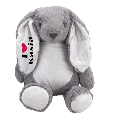 Królik ok. 34 cm z wyciąganym brzuszkiem oraz z nadrukiem "I love + imię".