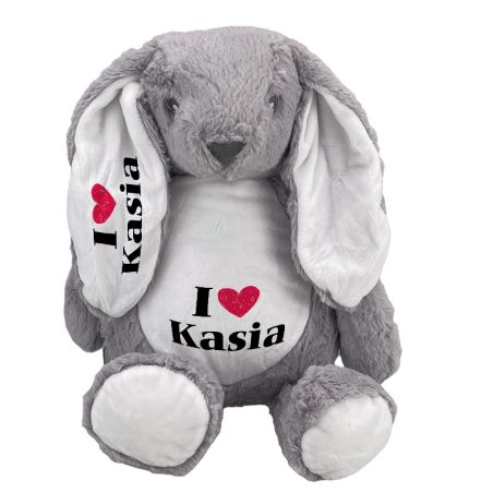 Królik ok. 34 cm z wyciąganym brzuszkiem oraz z nadrukiem "I love + imię".