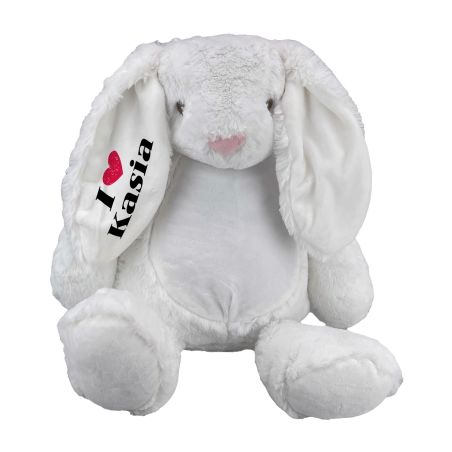 Królik ok. 34 cm z wyciąganym brzuszkiem oraz z nadrukiem "I love + imię".