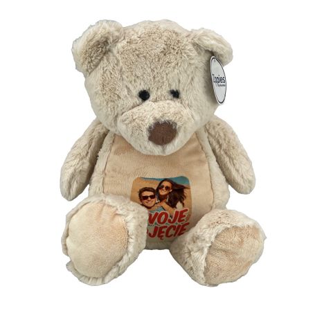 Beżowy miś ok. 32 cm z wyciąganym brzuszkiem oraz z Twoim zdjęciem tekstem czy grafiką.