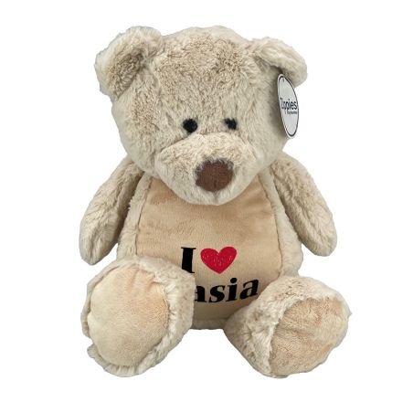 Beżowy miś ok. 32 cm z wyciąganym brzuszkiem oraz z nadrukiem: I love Kasia - zmień imię.
