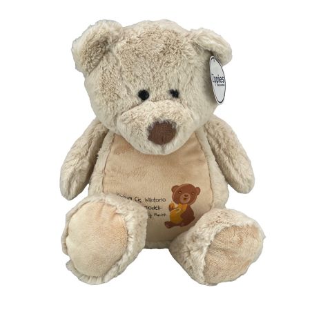 Beżowy miś ok. 32 cm z wyciąganym brzuszkiem oraz z nadrukiem: Kocham Cię jak misio miodek.
