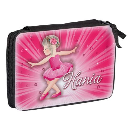 Duży piórnik dwukomorowy dla pierwszoklasisty - Różowa baletnica - zmień imię.