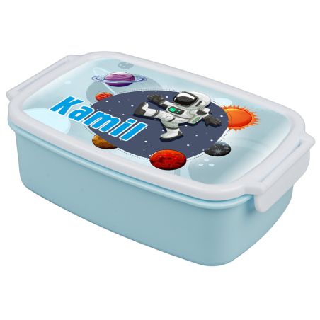 Pudełko na kanapki - śniadaniówka "Astronauta"- wybierz swój wzór- pudrowa niebieska z zapięciami oraz przegródką.