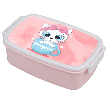 Pudełko na kanapki - śniadaniówka "Kotek w filiżance"- wybierz swój wzór- pudrowa niebieska z zapięciami oraz przegródką.