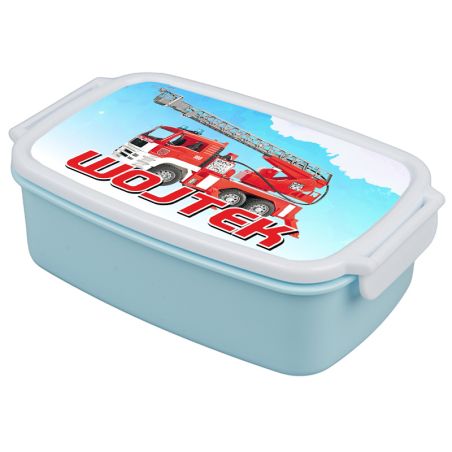 Pudełko na kanapki - śniadaniówka "Straż Pożarna"- wybierz swój wzór- pudrowa niebieska z zapięciami oraz przegródką.