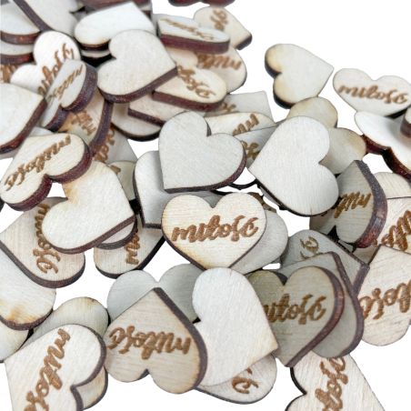 Dekoracyjne malutkie serduszka z napisem "miłość"- piękna dekoracja ślubna na słodki stół czy do Księgi Gości- eko ze sklejki.