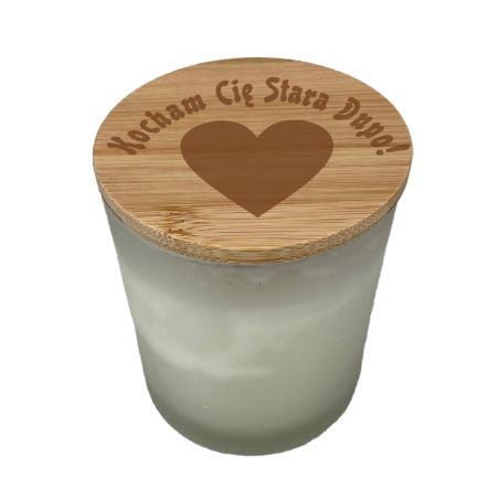 Duża świeczka zapachowa w szklanym słoiczku z bambusowym wieczkiem-"Kocham Cię Stara Dupo!" biała lub czarna.