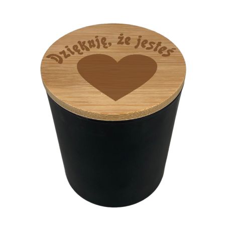 Duża świeczka zapachowa w szklanym słoiczku z bambusowym wieczkiem-"Dziękuję, że jesteś" biała lub czarna.