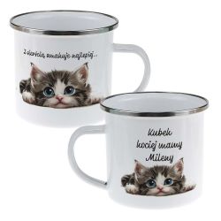 Kubek biały metalowy, emaliowany dla Kociary- z sierścią...