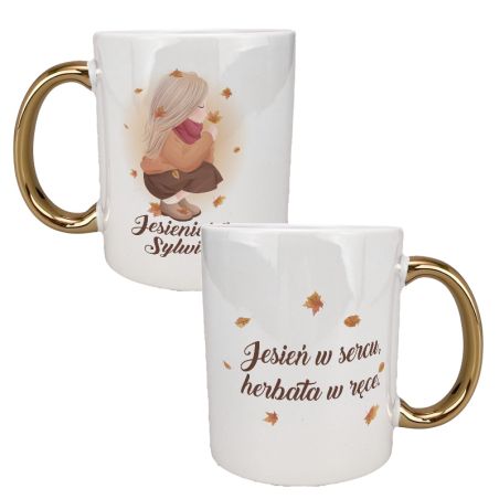 Kubek 330 ml biały ze złotym uszkiem oraz z grafiką "Jesieniara- Jesień w sercu, herbata w ręce ".