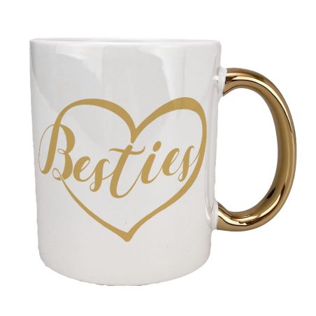 Kubek 330 ml biały ze złotym uszkiem oraz z grafiką "Besties".