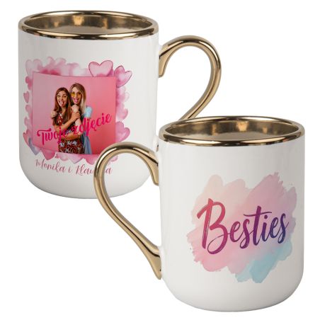 Kubek kawowy duży 330ml ze złotym uszkiem- Besties- dla przyjaciółki czy siostry- ze zdjęciem oraz imionami.