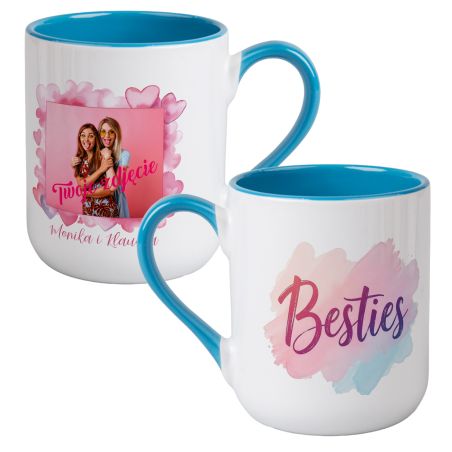 Kubek kawowy duży 330ml z kolorowym uszkiem i wnętrzem- Besties- dla przyjaciółki czy siostry- ze zdjęciem oraz imionami.