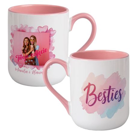 Kubek kawowy duży 330ml z kolorowym uszkiem i wnętrzem- Besties- dla przyjaciółki czy siostry- ze zdjęciem oraz imionami.