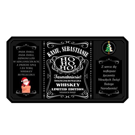Zestaw skrzynka na whisky ze szklankami i etykietą na butelkę w stylu Jack Daniel's z okazji świąt Bożego Narodzenia.
