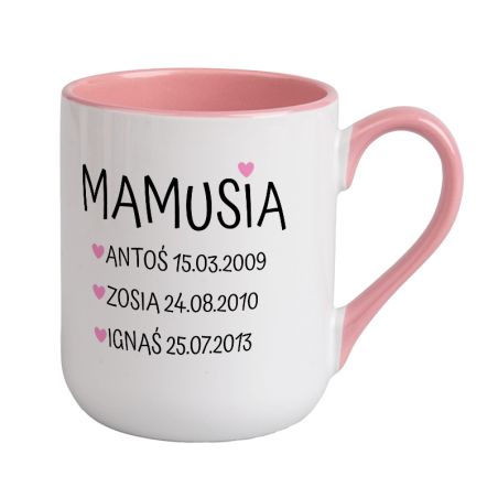Kubek kawowy duży 330ml z kolorowym uszkiem i wnętrzem- "Mamusia".