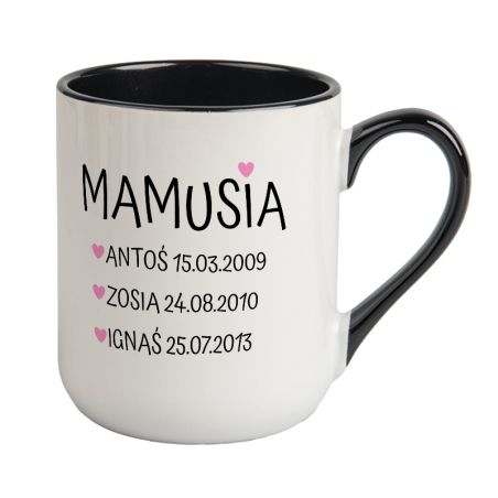 Kubek kawowy duży 330ml z kolorowym uszkiem i wnętrzem- "Mamusia".