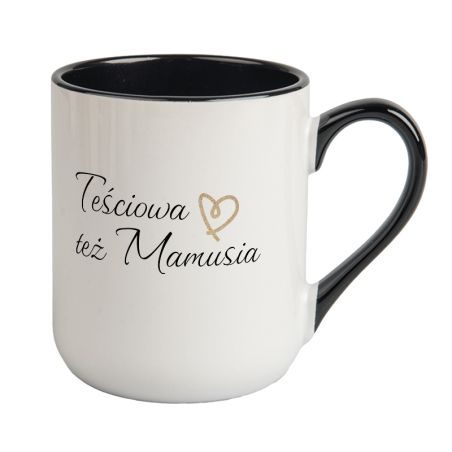 Kubek kawowy duży 330ml z kolorowym uszkiem i wnętrzem- "Teściowa też Mamusia".