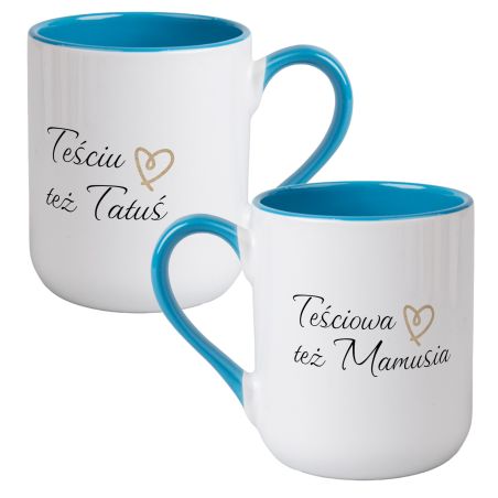 Zestaw kubków kawowych dużych kolorowych- "Teściowa też Mamusia, Teściu też Tatuś".