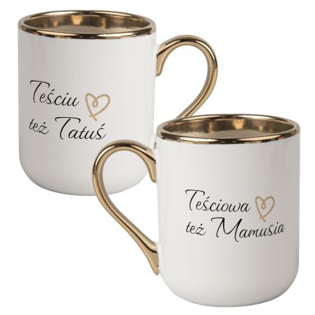 Zestaw kubków kawowych dużych ze złotym uszkiem - "Teściowa też mamusia", "Teściu też tatuś".