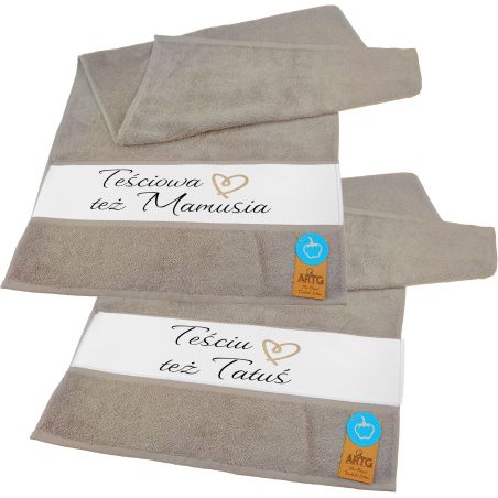 Zestaw 2 ręczników 50 x 100cm "Teściowa też Mamusia, Teściu też Tatuś"- wybierz kolor.