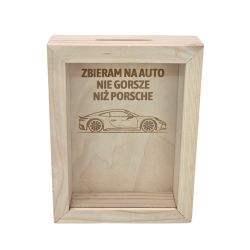 Stylowa drewniana skarbonka z grawerem „Na auto nie...
