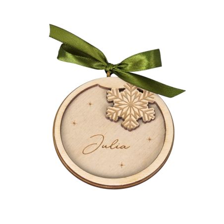Personalizowana drewniana bombka świąteczna z imieniem – Płatek śniegu