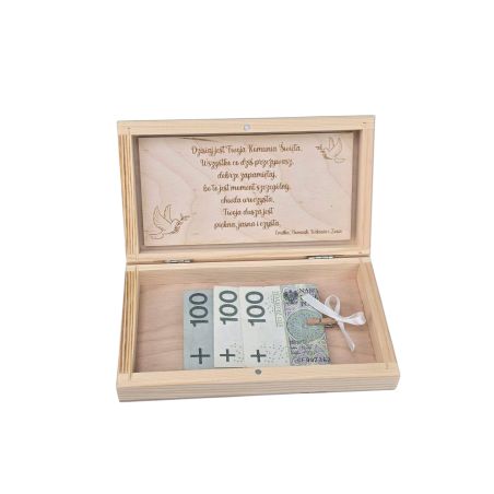Drewniane pudełko na pieniądze z grawerem – Pamiątka Pierwszej Komunii Świętej 💒💝