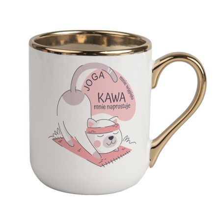 Kubek 330 ml „Joga mnie wygina, kawa mnie naprostuje” – z uroczym nadrukiem i złotym uchem 🧘‍♀️🐾✨