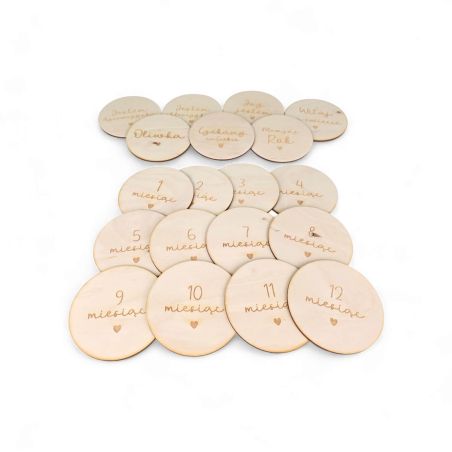 Drewniane tabliczki miesiące dziecka 📸 personalizowane krążki 1–12 miesięcy + imię 🧸 zestaw do zdjęć niemowlaka
