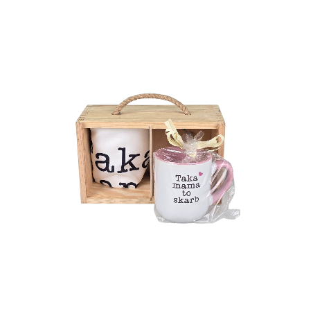 Zestaw prezentowy „Taka mama to skarb” – kubek, fartuszek i drewniane pudełko 💖🎁