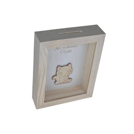 Skarbonka drewniana z grawerem – personalizowana skarbonka na marzenia z imieniem 🐱💖