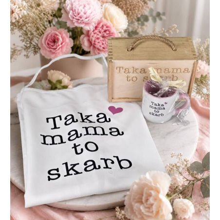Zestaw prezentowy „Taka mama to skarb” – kubek, fartuszek i drewniane pudełko 💖🎁