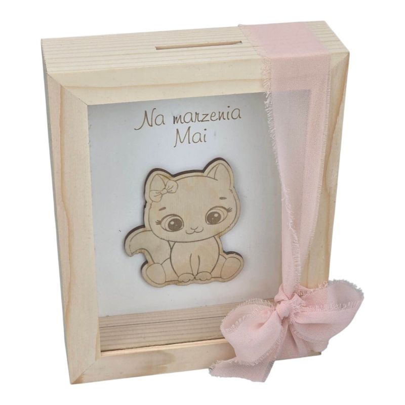 Skarbonka drewniana z grawerem – personalizowana skarbonka na marzenia z imieniem 🐱💖
