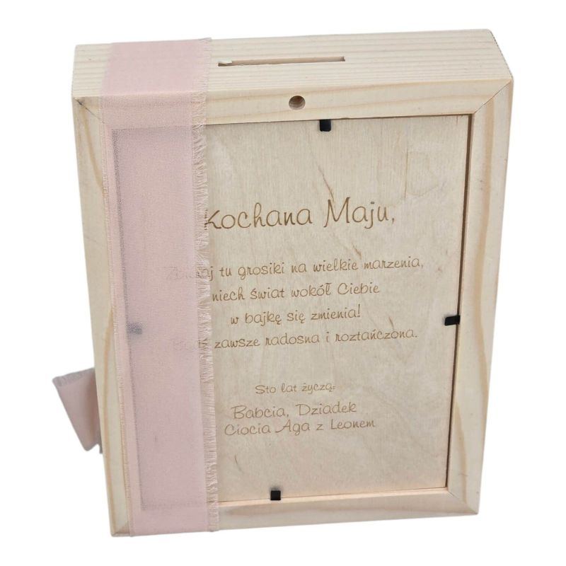 Skarbonka drewniana z grawerem – personalizowana skarbonka na marzenia z imieniem 🐱💖