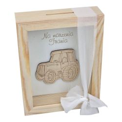 Drewniana skarbonka z personalizacją – traktor, prezent dla chłopca 🚜💙