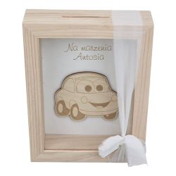 Drewniana skarbonka z personalizacją – samochód, prezent dla chłopca 🚗💙