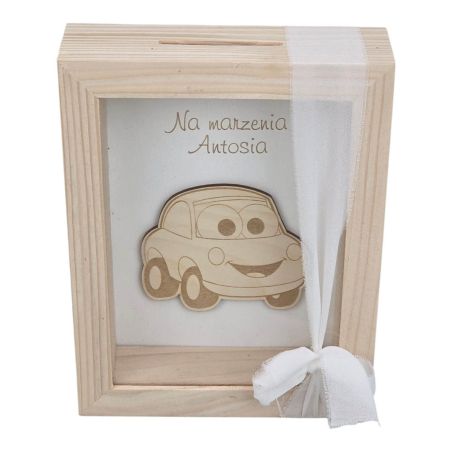 Drewniana skarbonka z personalizacją – samochód, prezent dla chłopca 🚗💙