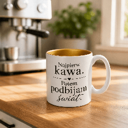 ☕ Kubek biały ze złotym wnętrzem 330 ml – „Najpierw kawa. Potem podbijam świat.”