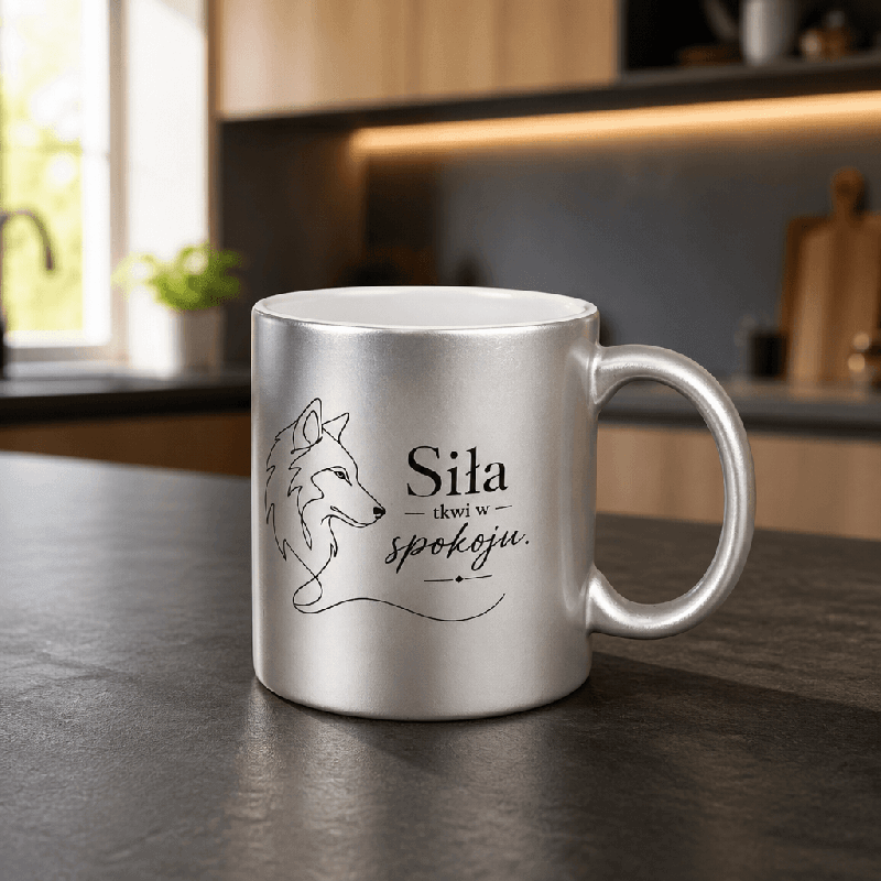 🐺 Kubek srebrny perłowy 330 ml – „Siła tkwi w spokoju.”