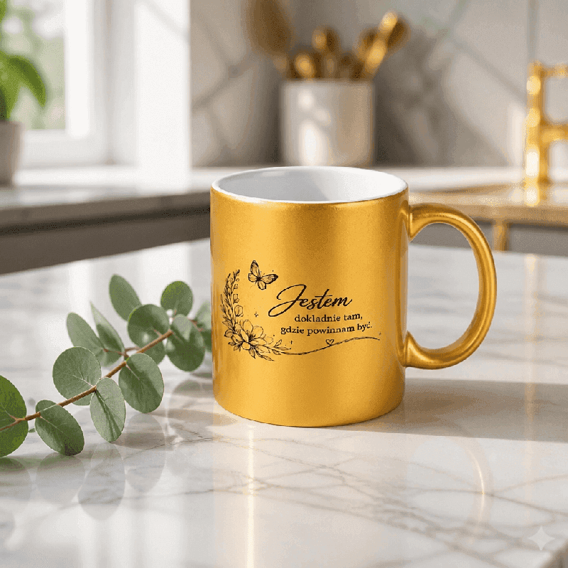✨ Kubek złoty perłowy 330 ml – „Jestem dokładnie tam, gdzie powinnam być.”