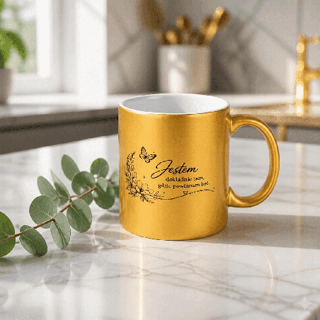 ✨ Kubek złoty perłowy 330 ml – „Jestem dokładnie tam, gdzie powinnam być.”